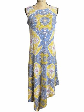 new directions Blue & Yellow Asymmetrical Medallion Dress. EC. Size Small